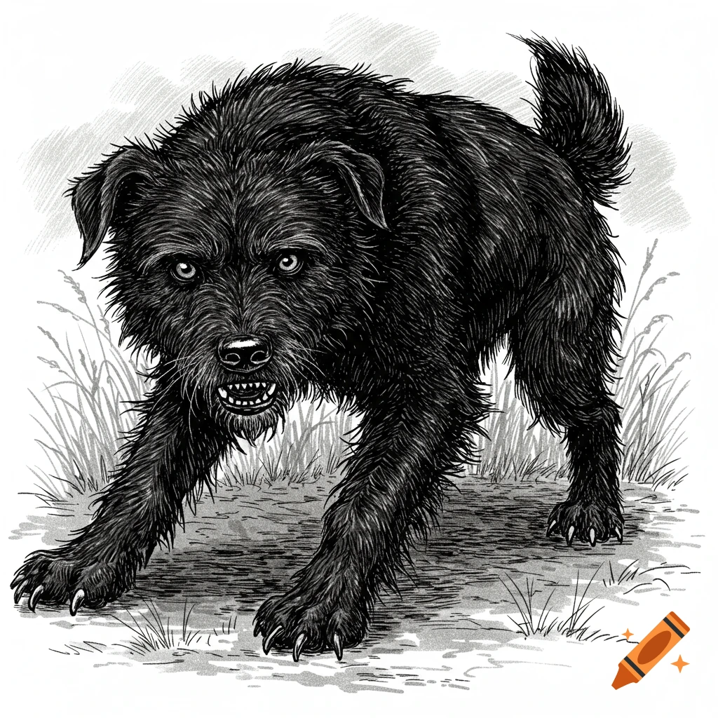 Black shaggy dog in an aggressive stance, baring teeth, in an ink drawing style.