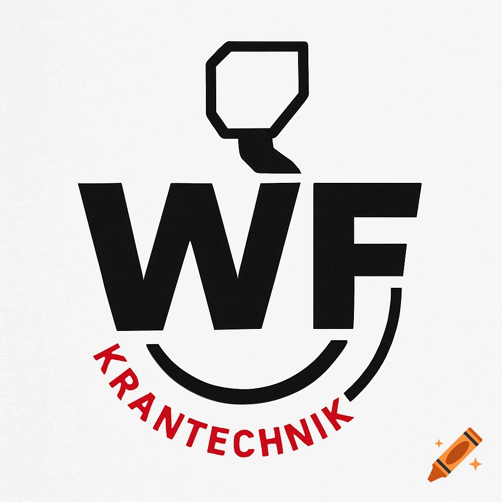Logo for WF Krantechnik featuring large black 'WF' letters, a black crane hook outline, and 'KRANTECHNIK' in red below, on a white background.