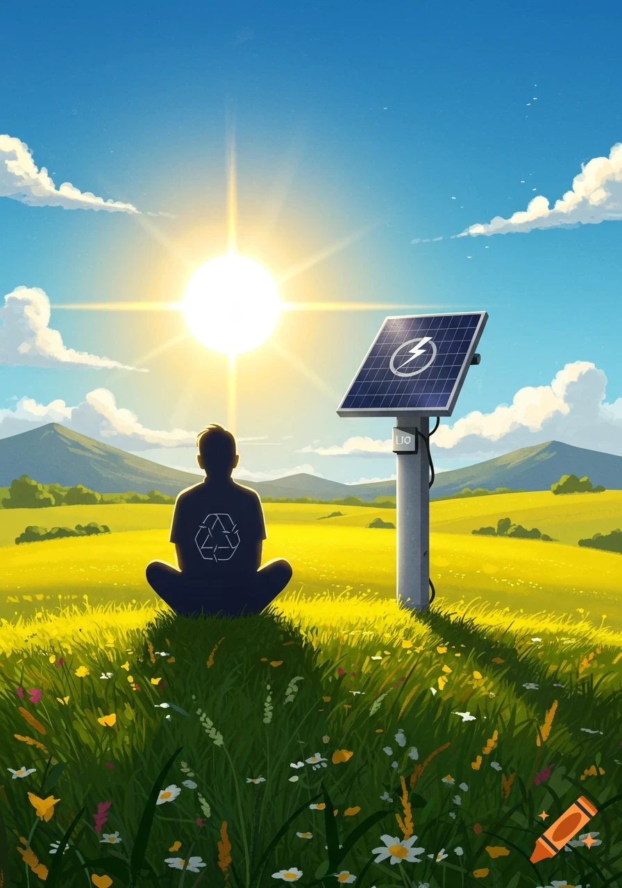 A person sits in a sunny green field, facing away, with a recycling symbol on their shirt. A solar panel with a lightning bolt symbol stands nearby, against a blue sky with clouds and distant mountains in a bright, illustrative style.