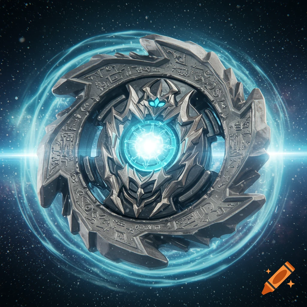 An ornate, dark grey beyblade with glowing blue accents and a central energy core, featuring ancient glyphs on its outer ring, against a starry cosmic background with blue energy rings.