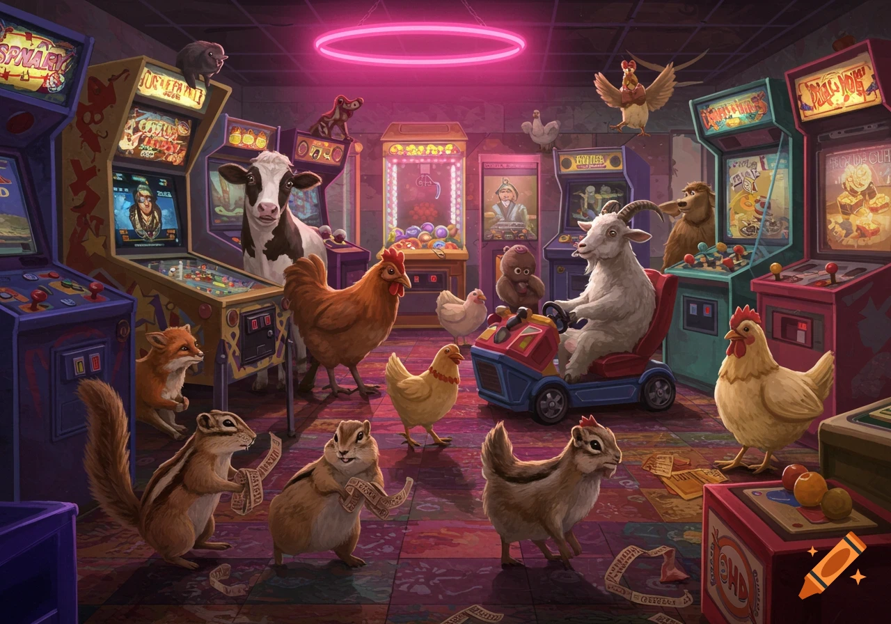 Farm animals and chipmunks play games in a vibrant, neon-lit arcade, some chipmunks holding tickets. Illustration style.