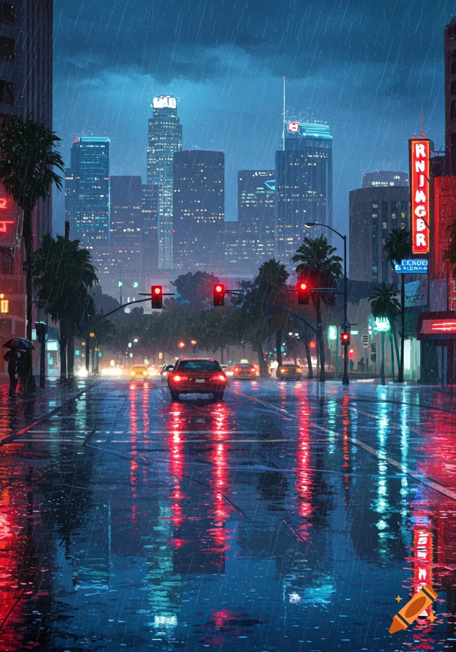 A rainy night in a city, with cars on a wet street reflecting neon lights and tall buildings in the background.