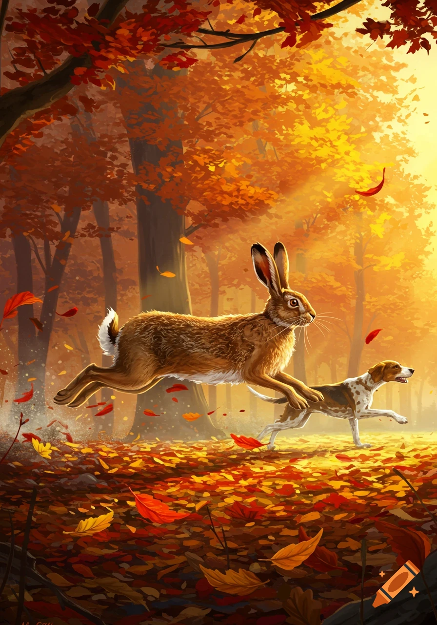 An illustrative painting of a brown hare leaping through a vibrant autumn forest, pursued by a small brown and white dog.