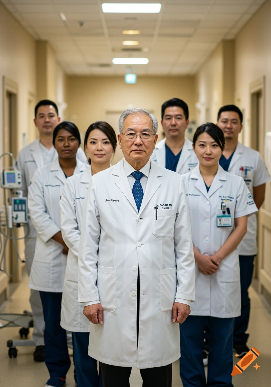 A group of diverse doctors and medical staff, led by a senior male doctor, stand seriously in a hospital hallway looking at the camera.