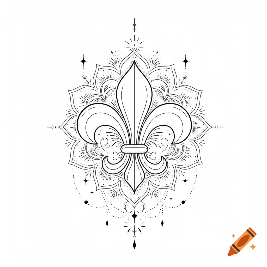 Black line art of a stylized fleur-de-lis centered in a symmetrical mandala pattern with stars on a white background.