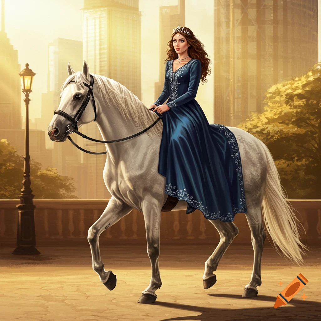 A woman in a blue gown and crown rides a white horse through a sunlit city street, with tall buildings in the background. Illustration.