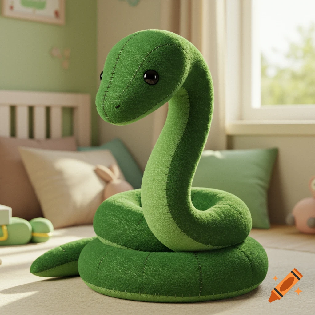 A plush green snake with black eyes sits coiled on a light carpet in a child's bedroom, bathed in warm sunlight.