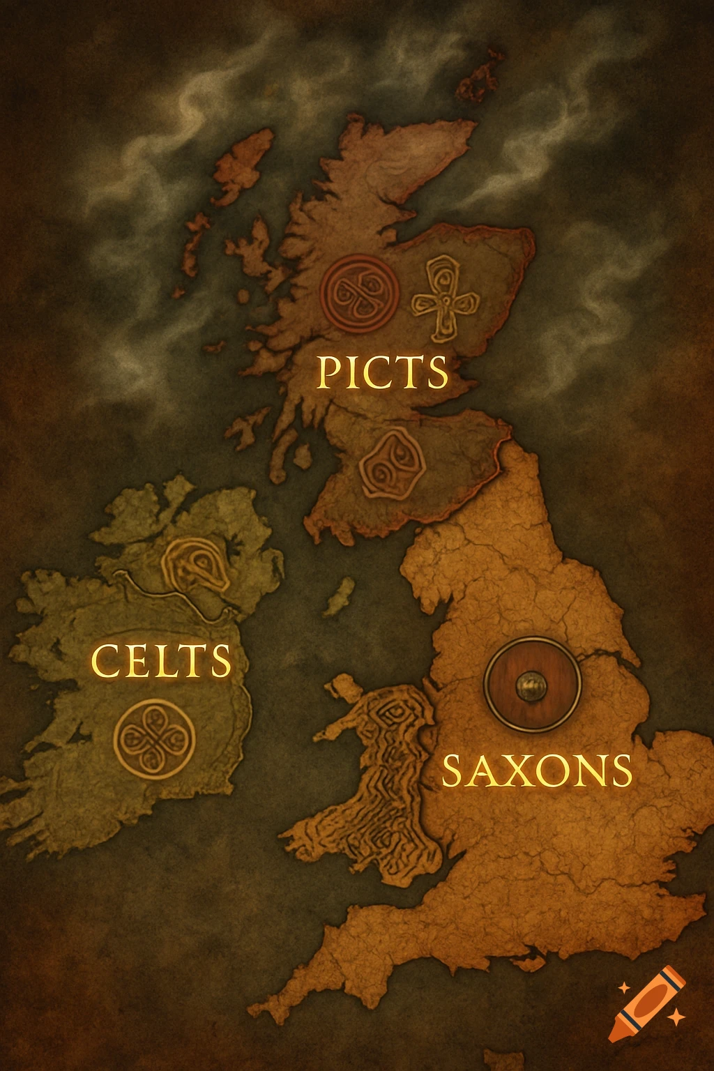 A historical map of Great Britain and Ireland, colored to show territories of the Celts, Saxons, and Picts.