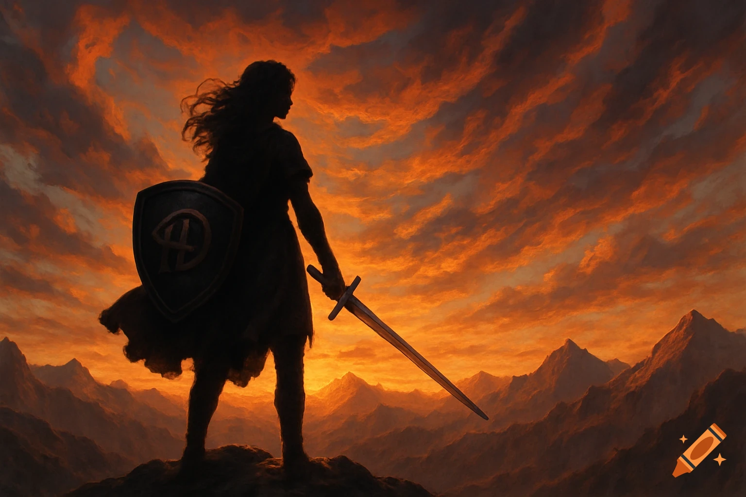 A silhouetted warrior with long hair stands on a mountain peak at sunset, holding a shield with a symbol and a sword. The sky is filled with dramatic orange and red clouds.