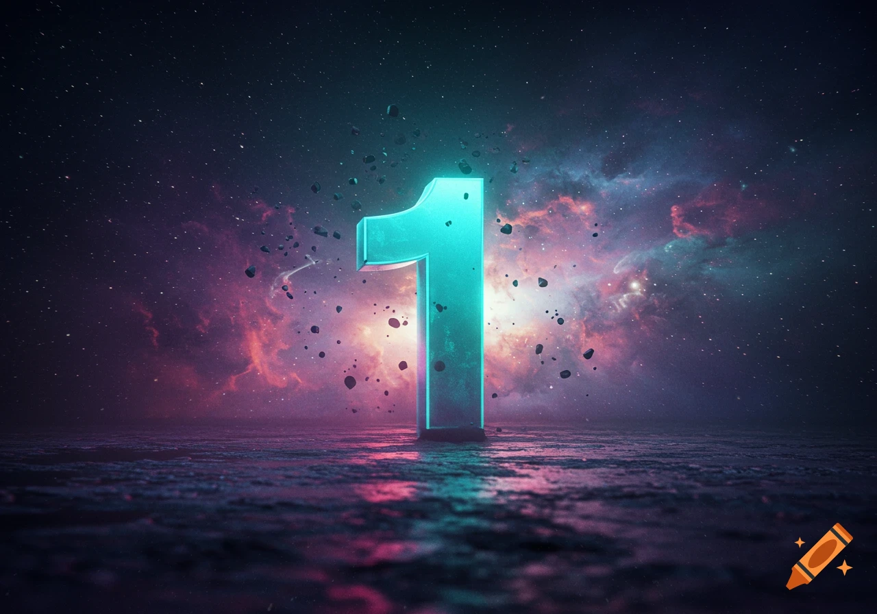 A large, glowing cyan number 1 stands on a dark, reflective surface in a cosmic scene with nebulas, stars, and floating asteroids.