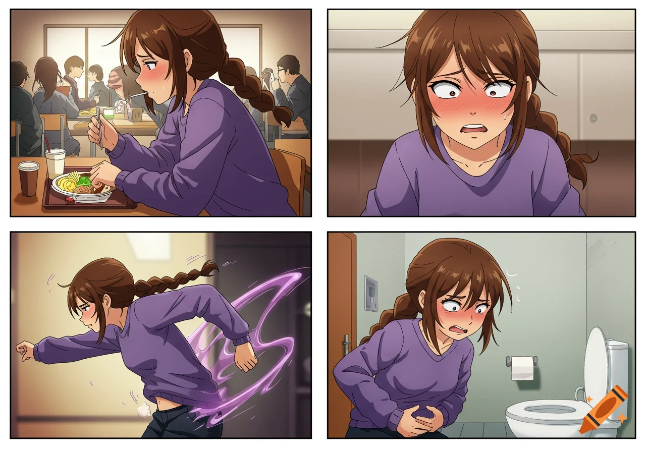 A four-panel anime comic strip showing a girl getting a stomach ache while eating, running to the bathroom, and clutching her stomach in distress.