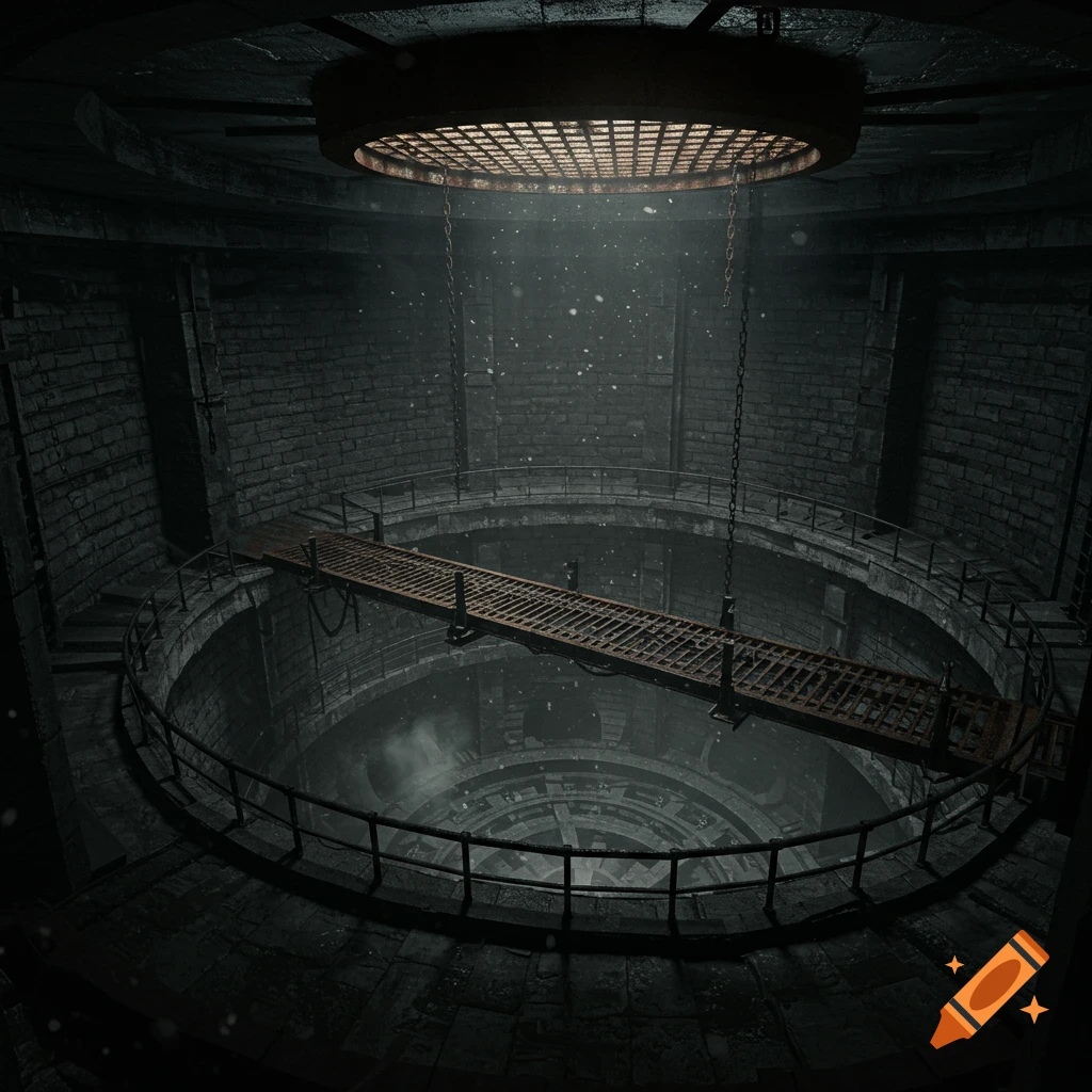 Dimly lit circular sewer atrium with dark-grey stone brick walls, a metal grate above, and a rusted metal catwalk over a deep void.