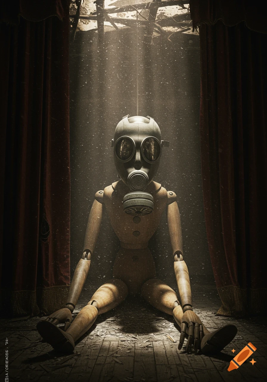 A photorealistic image of a wooden puppet wearing a gas mask, sitting on a dusty floor between red curtains, illuminated by a light beam.