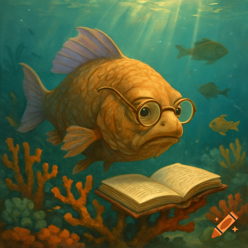 An old-looking orange fish with round glasses reads an open book underwater, surrounded by corals, with sun rays piercing the water.