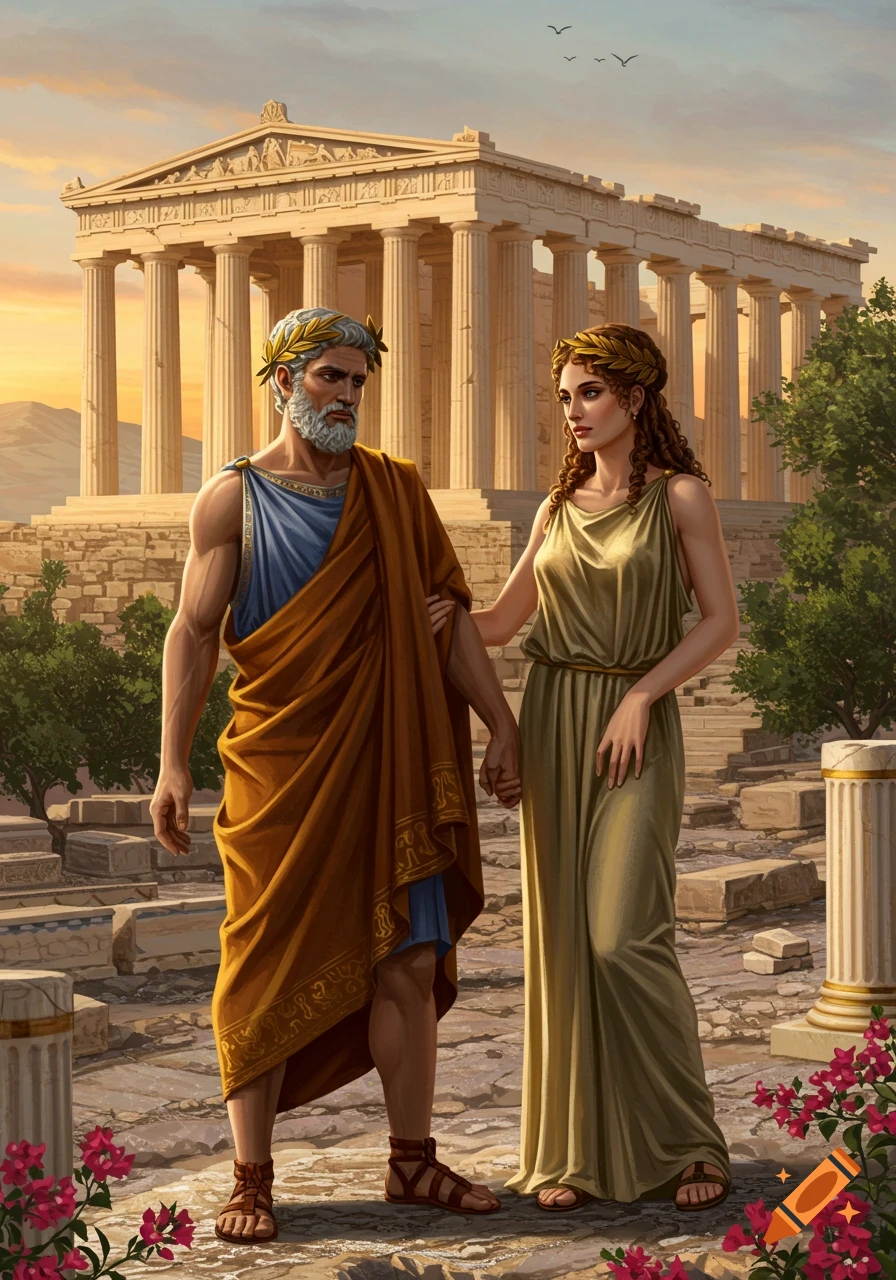 Pericles and Aspasia, wearing ancient Greek robes and laurel wreaths, stand holding hands in front of the Acropolis at sunset.