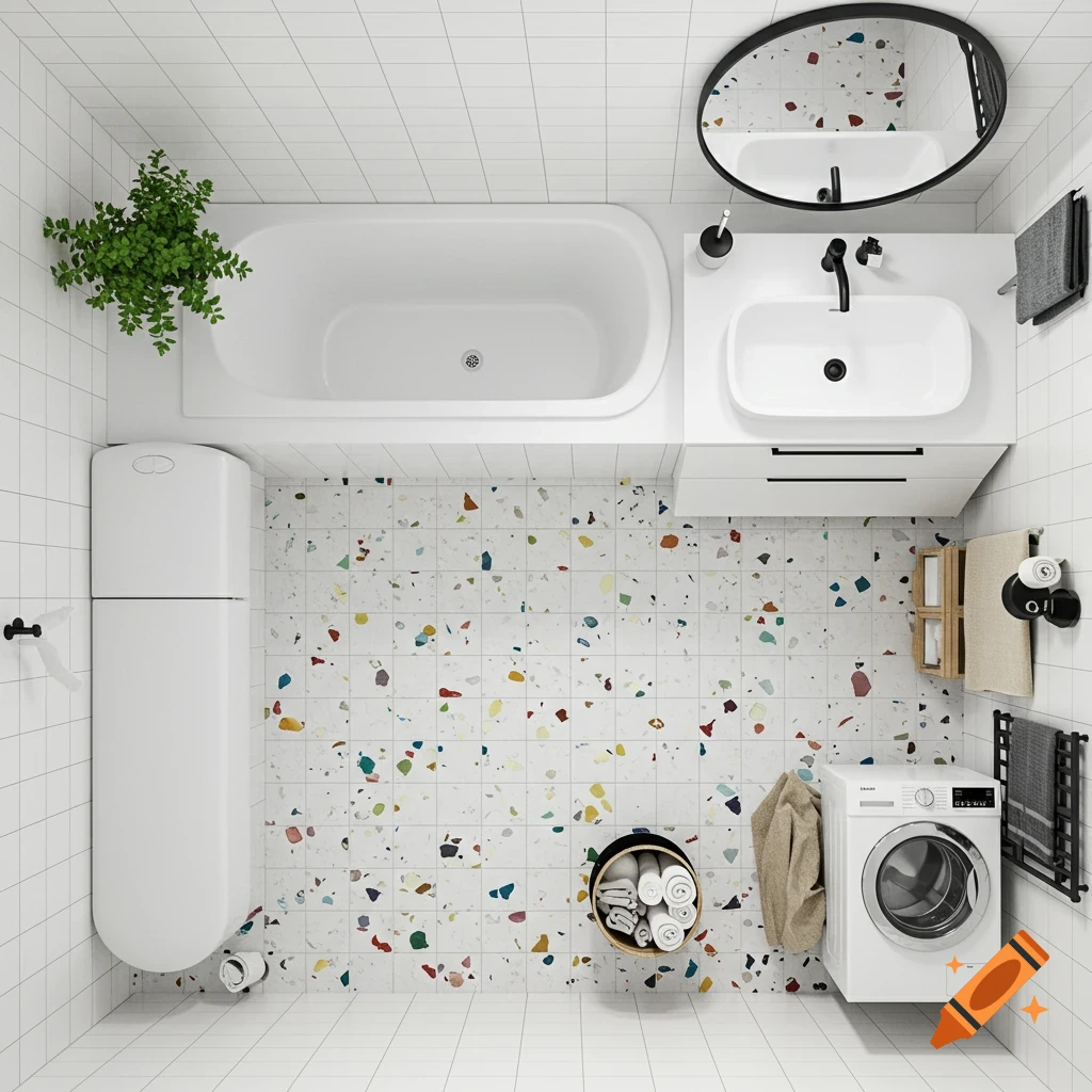Overhead view of a modern minimalist bathroom with terrazzo floor, white tiles, a bathtub, sink, toilet, and washing machine.