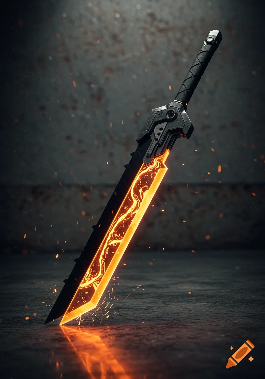 A dark sci-fi sword with a glowing orange blade stands on a dark, textured surface with sparks.
