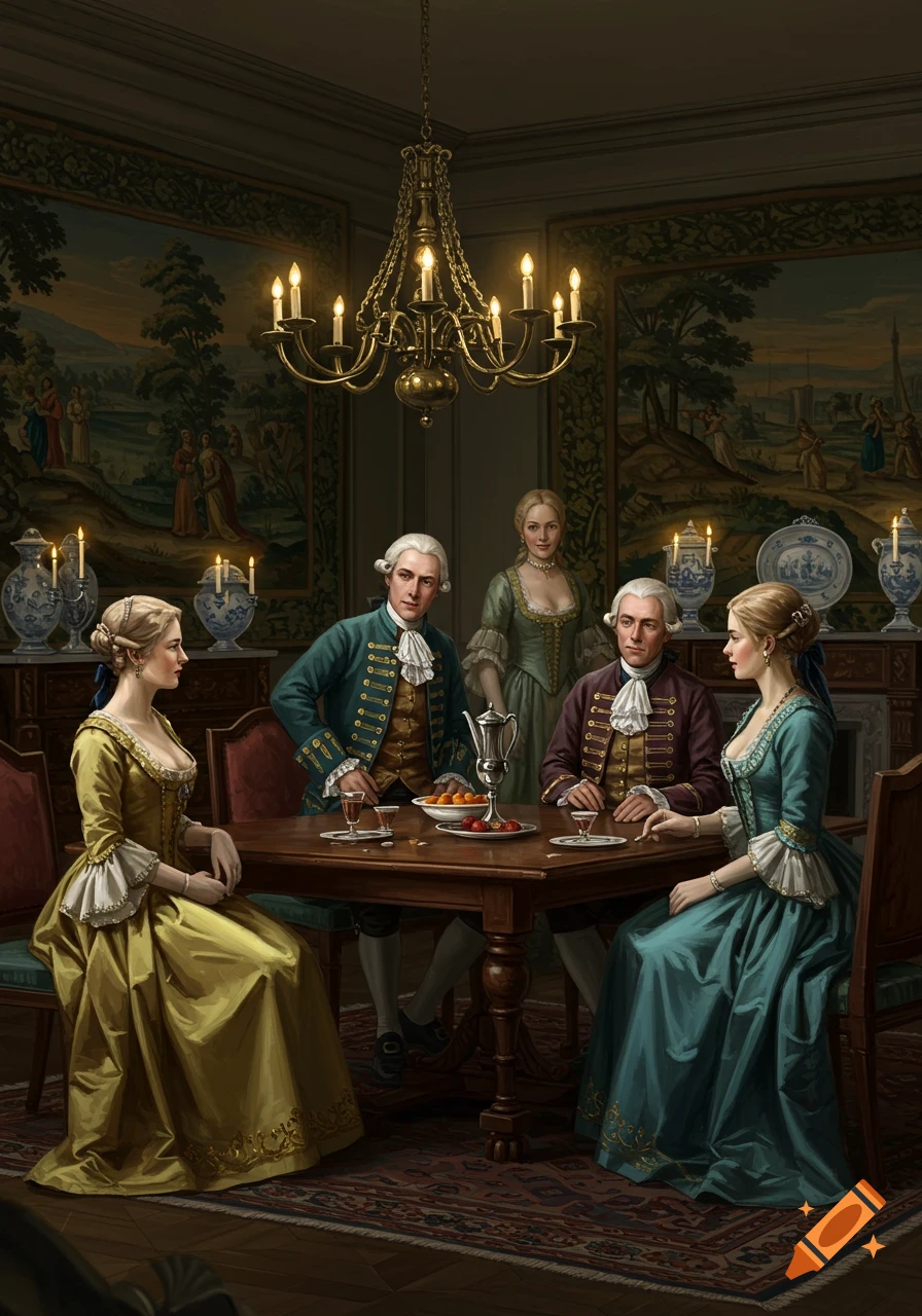 Four people in 18th-century attire sit around a table in an ornate, candlelit room with tapestries, in a digital art style.