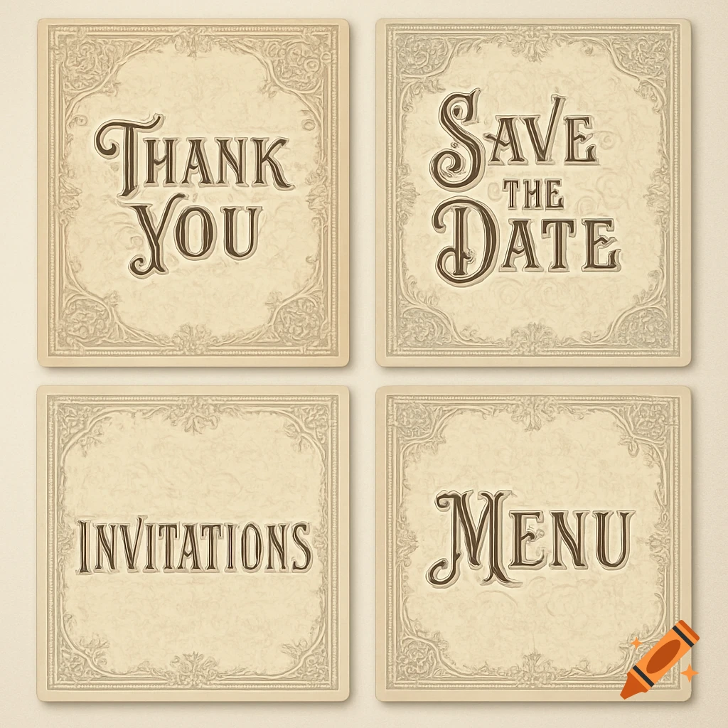 Four vintage-style cards with decorative borders. Text reads: THANK YOU, SAVE THE DATE, INVITATIONS, and MENU.