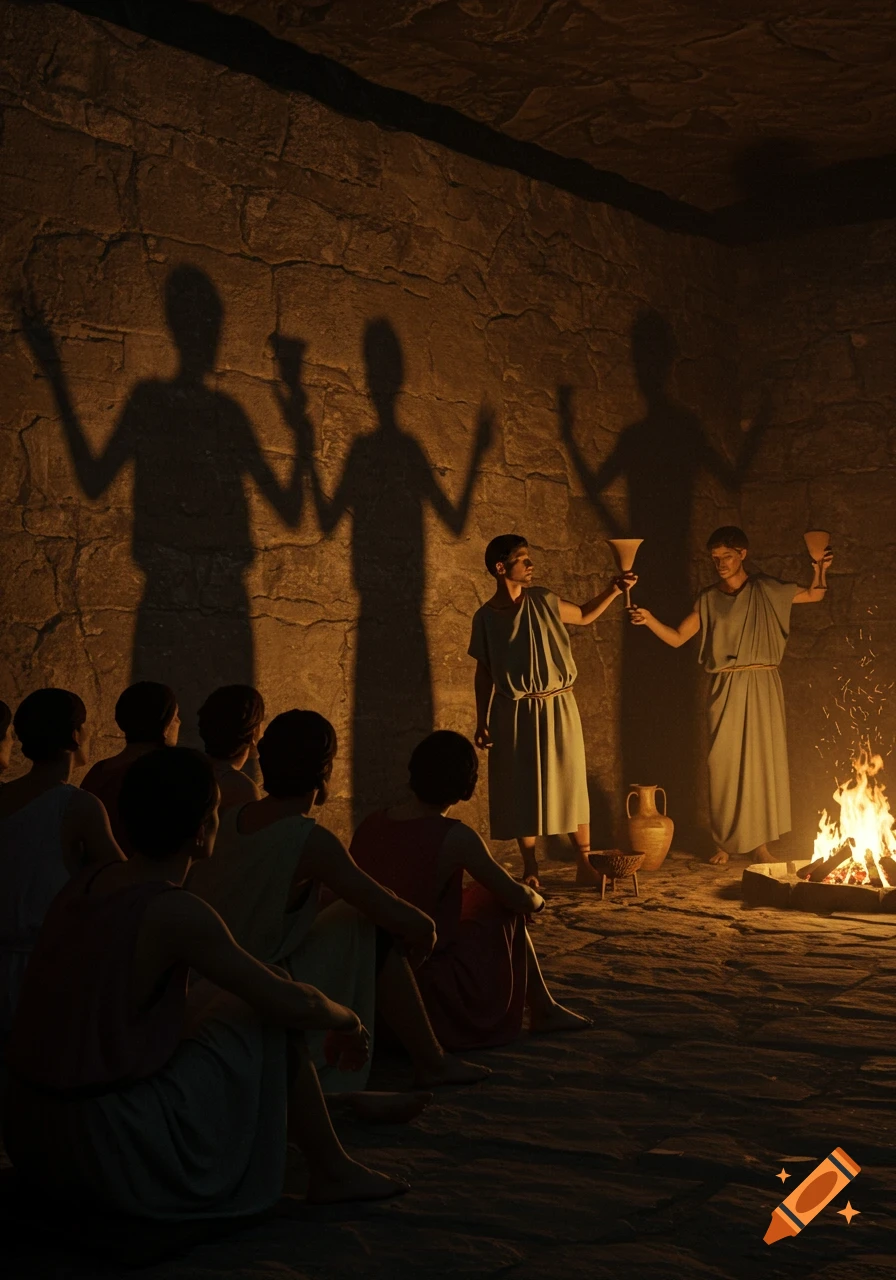 People in ancient attire sit in a dimly lit cave, watching large shadows on the wall cast by figures and a fire behind them.