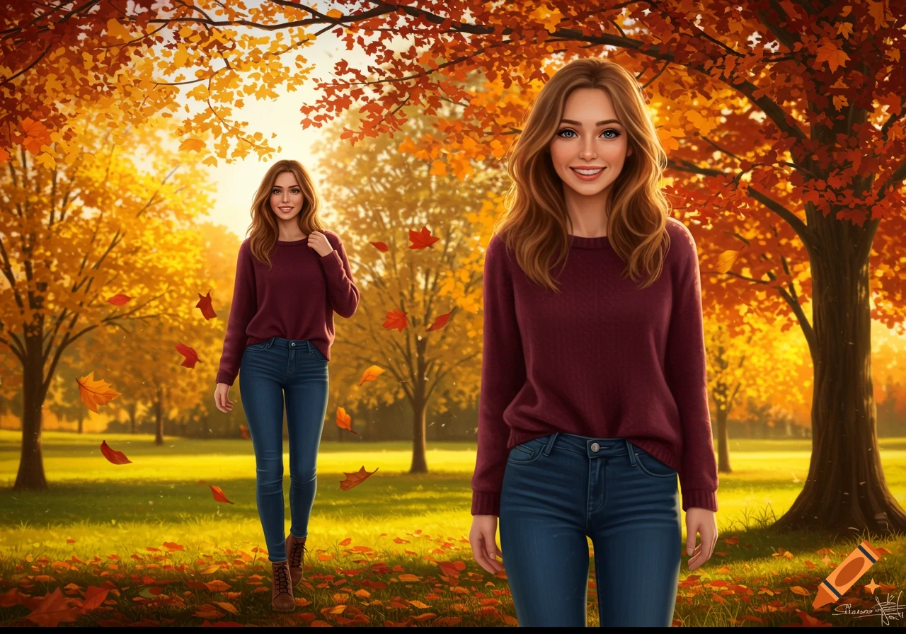 A stylized illustration shows two young women in an autumn park with vibrant orange and yellow foliage and falling leaves.