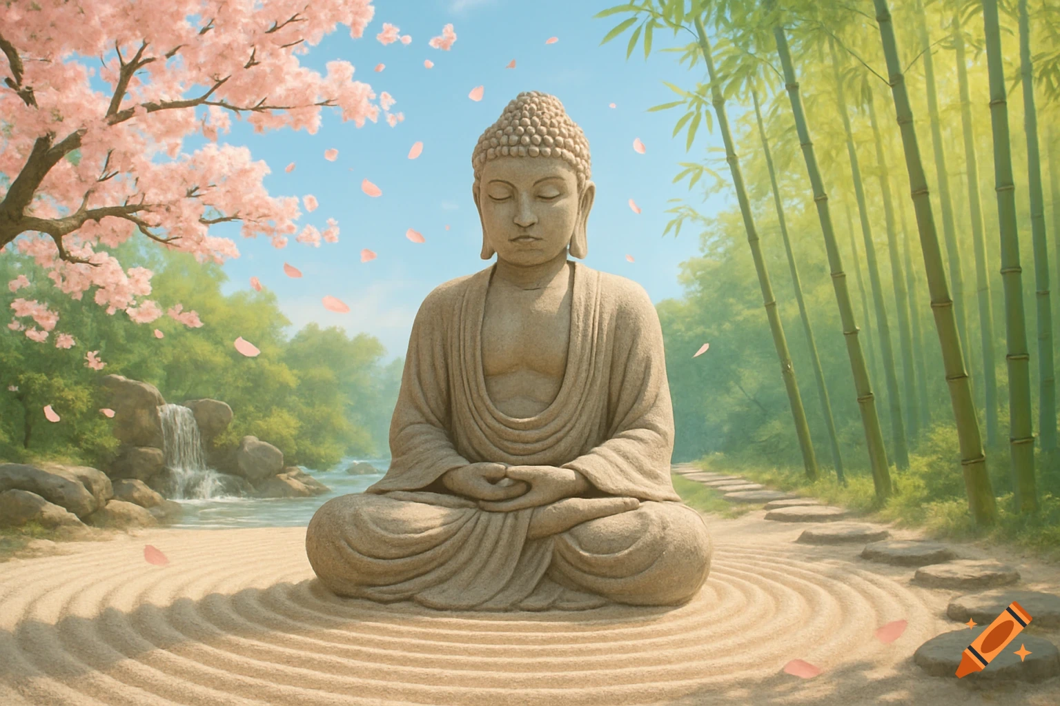 A stone Buddha statue meditates in a zen garden with raked sand, cherry blossoms, a waterfall, and bamboo.