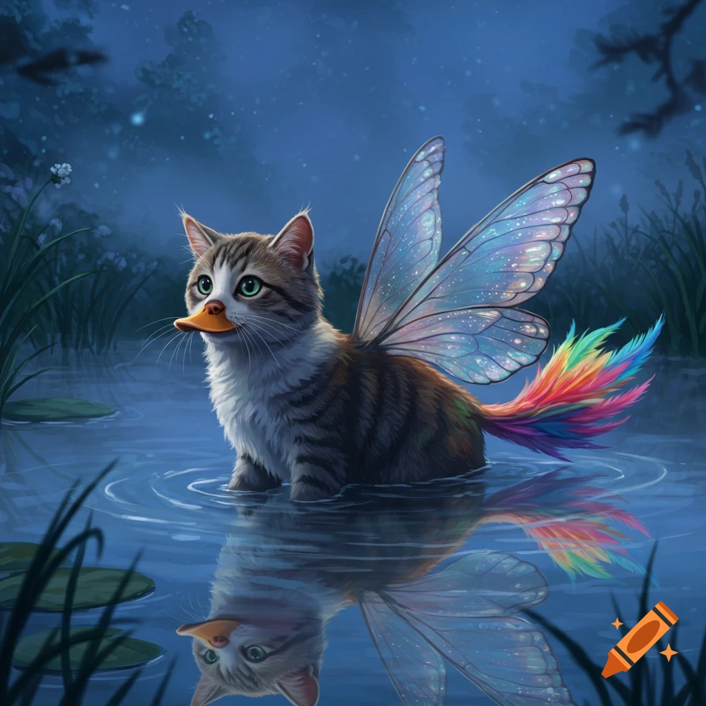 A whimsical cat-like creature with a duck beak, iridescent butterfly wings, and a rainbow tail stands in a mystical blue pond.