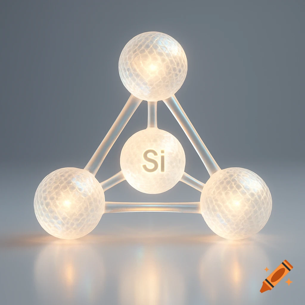 A glowing, translucent silicon-oxygen tetrahedron molecular structure with 'Si' labeled on the central sphere.
