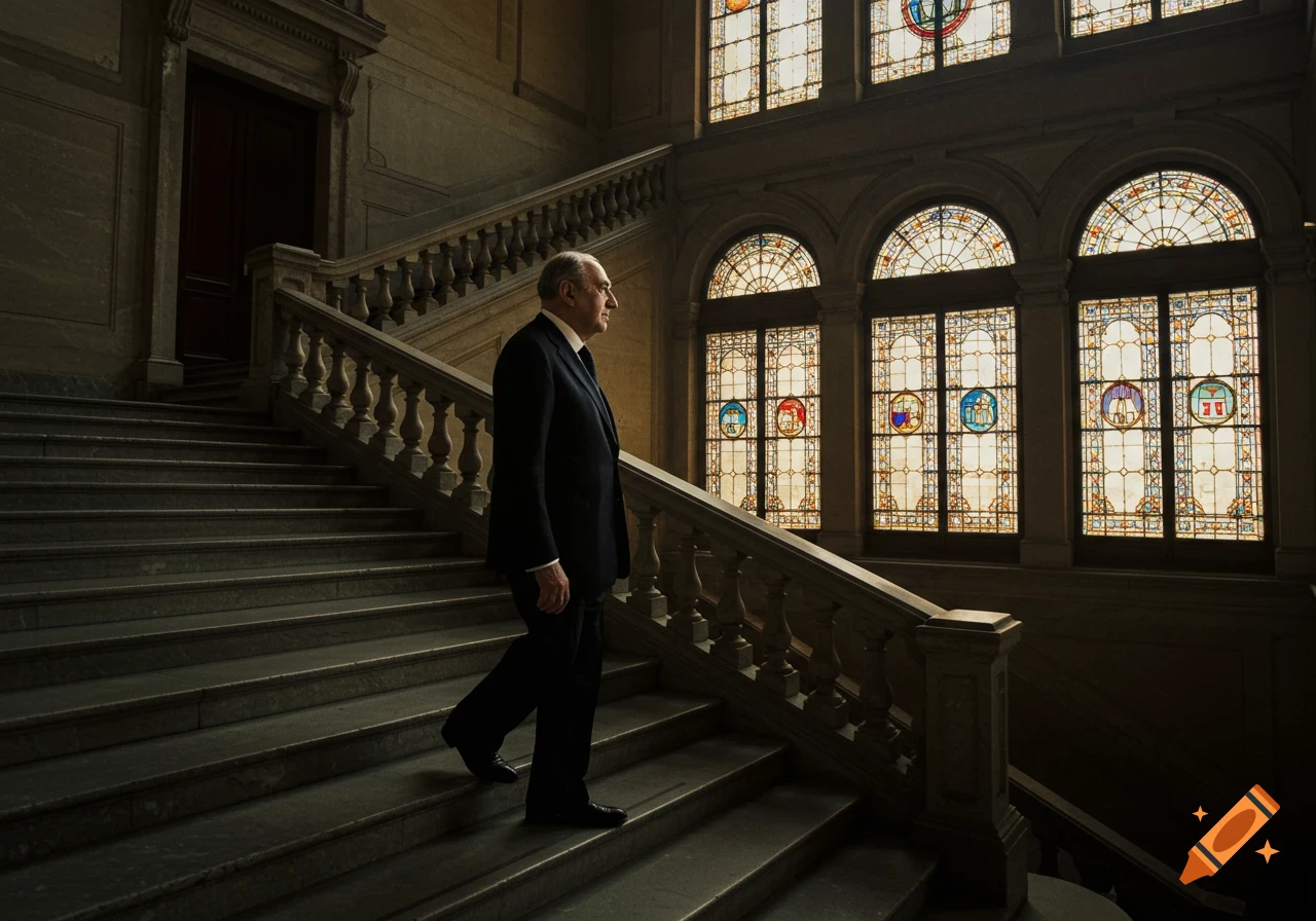 A man in a dark suit walks down a grand stone staircase with a balustrade, lit by large stained-glass windows.