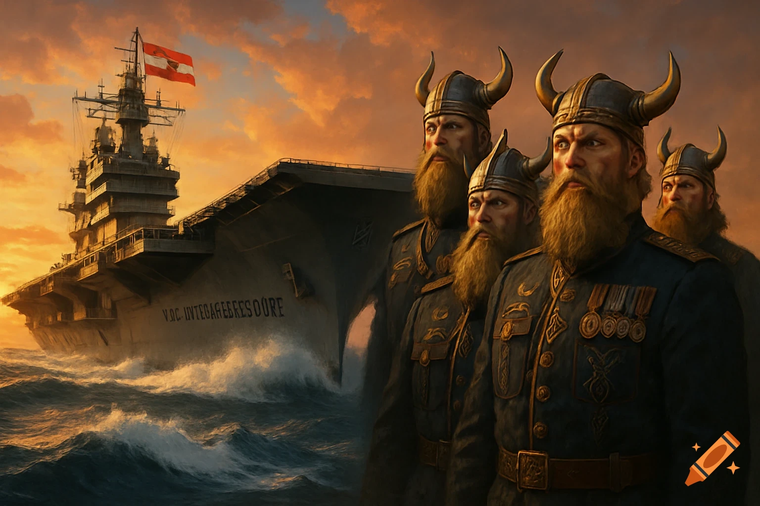 Four bearded Vikings in uniform stand before a large aircraft carrier with an Austrian flag at sunset, with waves crashing.