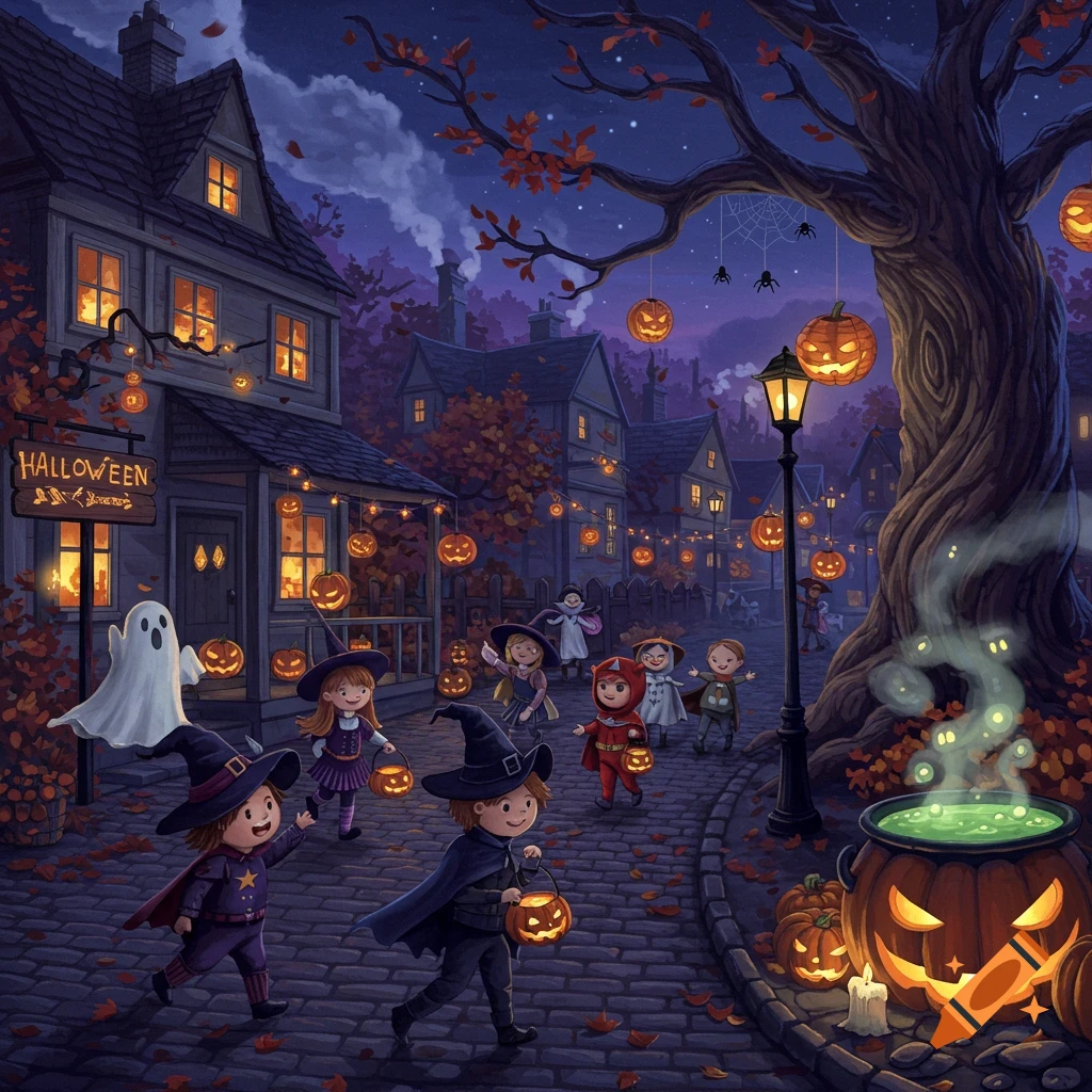 Children in witch costumes trick-or-treating in a spooky, autumn-themed town on Halloween night, with glowing jack-o'-lanterns and a ghost.