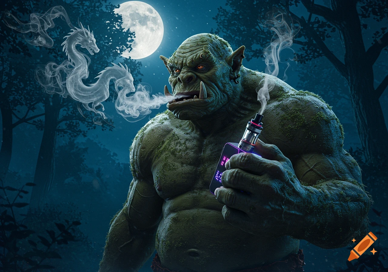 A muscular green ogre with tusks vapes under a full moon in a dark forest, with smoke forming dragon shapes.