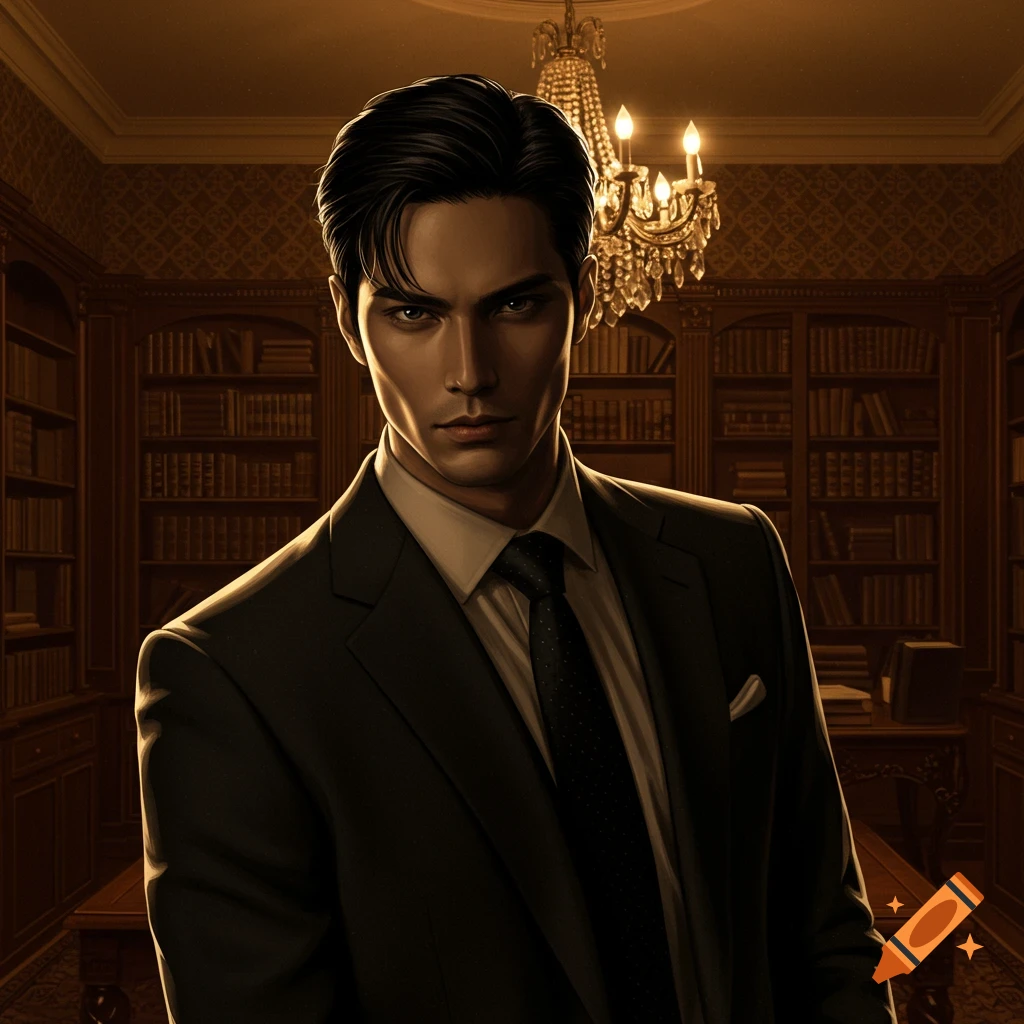 A handsome man with dark hair in a suit stands in a dimly lit library with bookshelves and a chandelier.