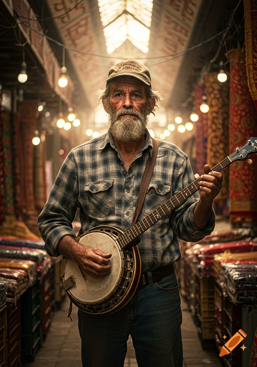 Photorealistic portrait of a serious, bearded old man holding a banjo in a bustling market aisle with bright lights.