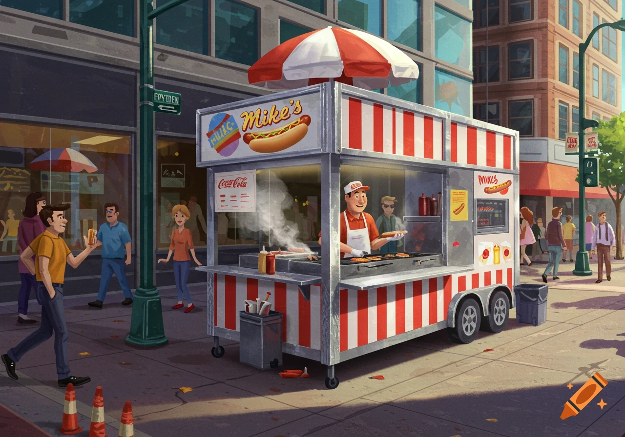Stylized illustration of Mike's hot dog stand on a bustling city street, with a vendor serving customers and pedestrians walking by.
