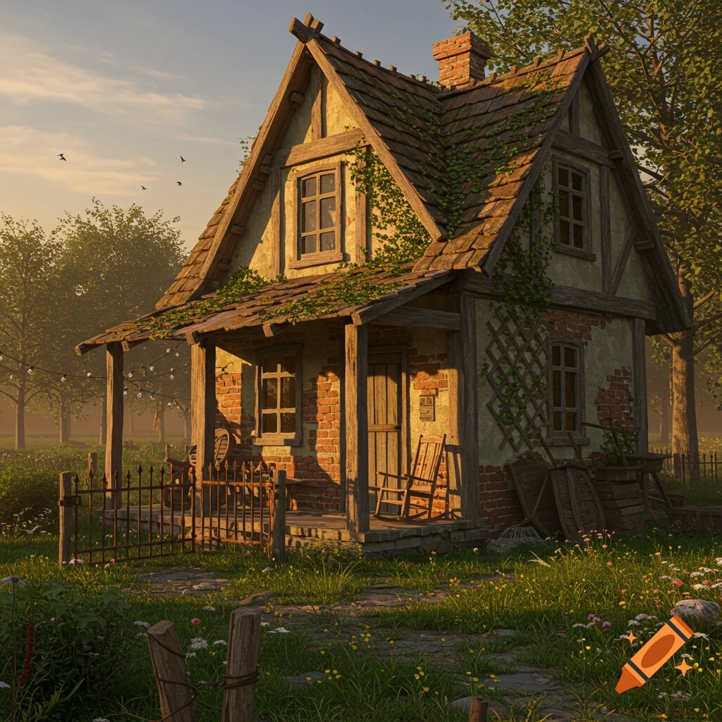 A charming old cottage covered in vines with a porch, rocking chair, and overgrown garden at sunset.