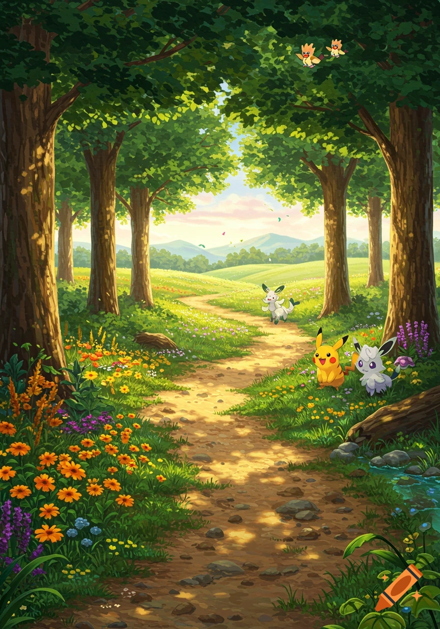 A vibrant, lush forest path with Pikachu, Espeon, and other Pokemon characters amidst colorful flowers and tall trees in an animated style.