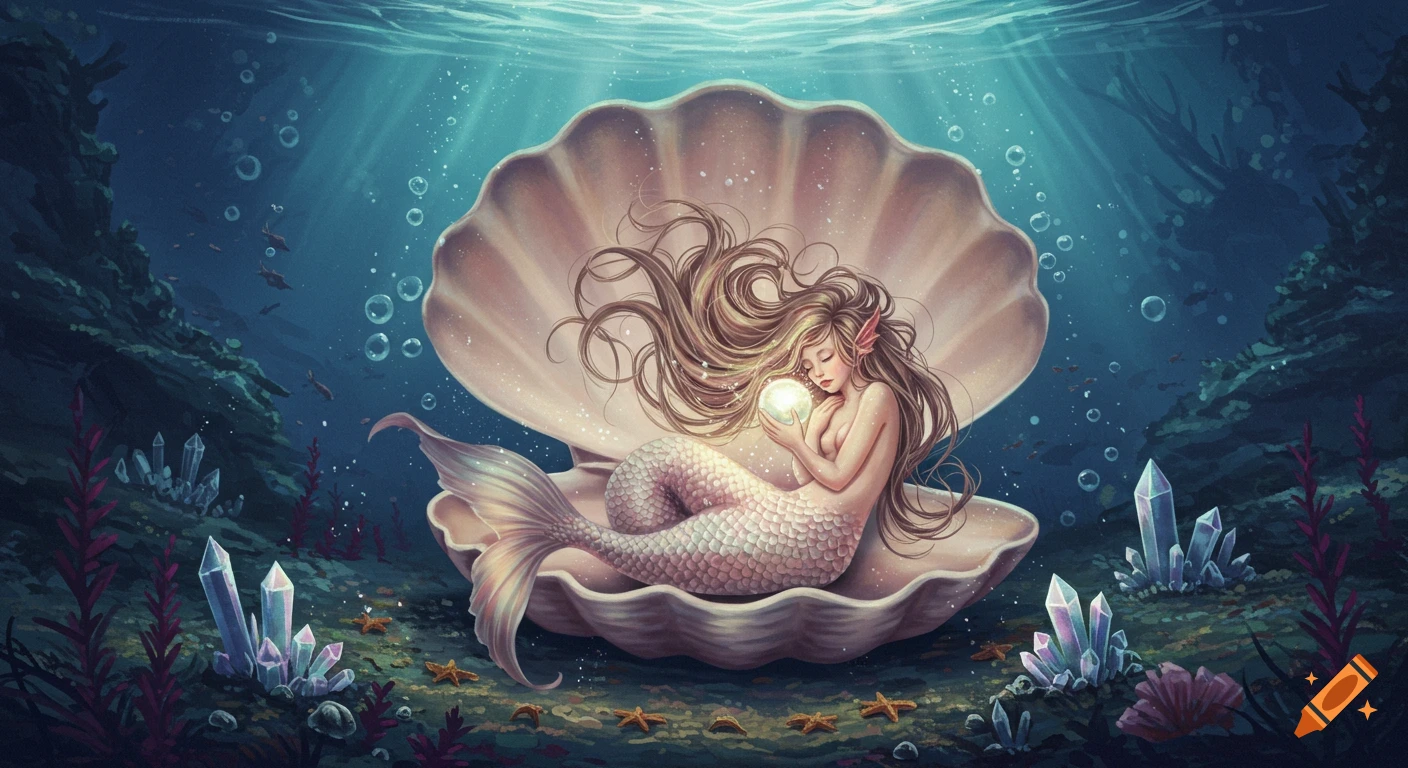 Digital painting of a mermaid with long hair sleeping in a large open seashell deep underwater, holding a glowing pearl.