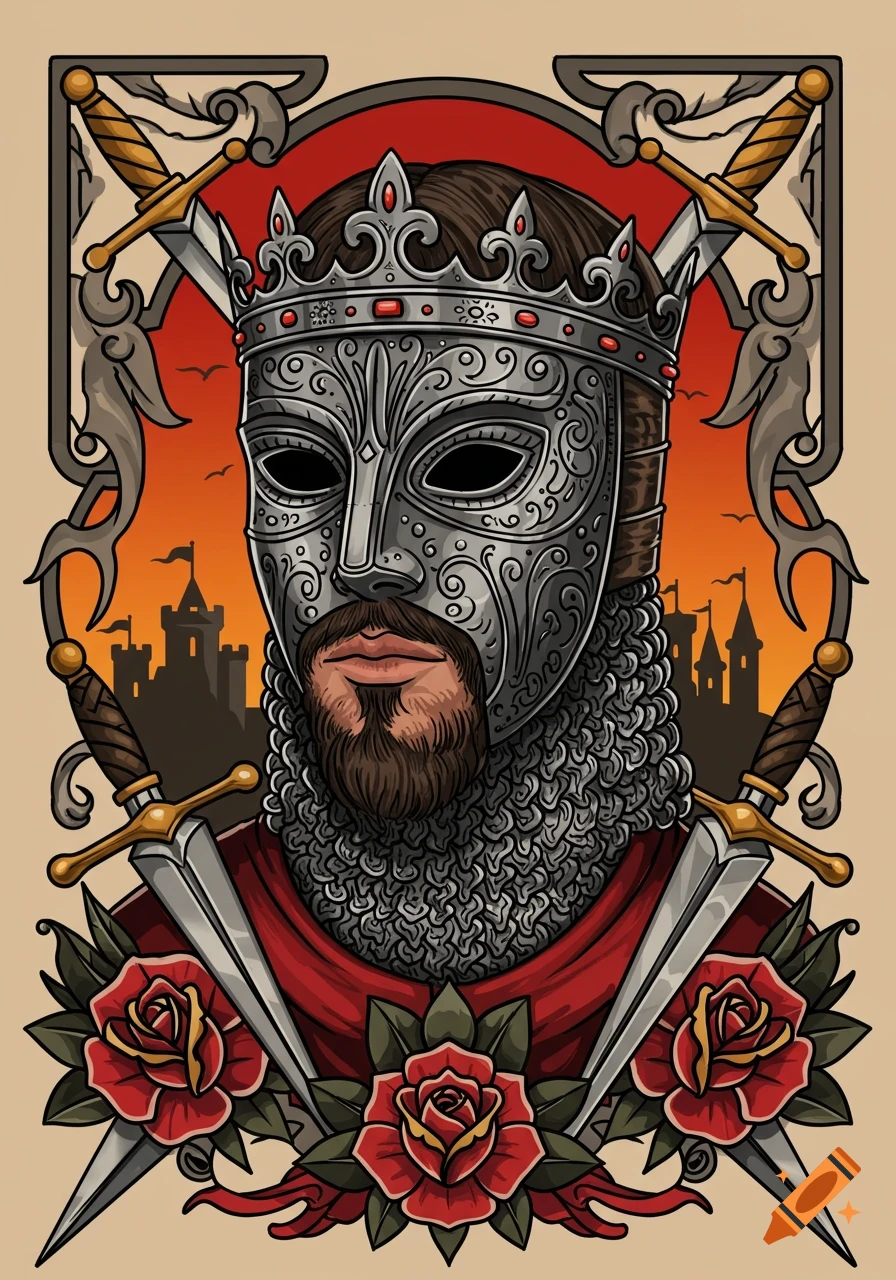 American Traditional tattoo of King Baldwin IV in a detailed mask and crown, with swords, roses, and a castle at sunset.
