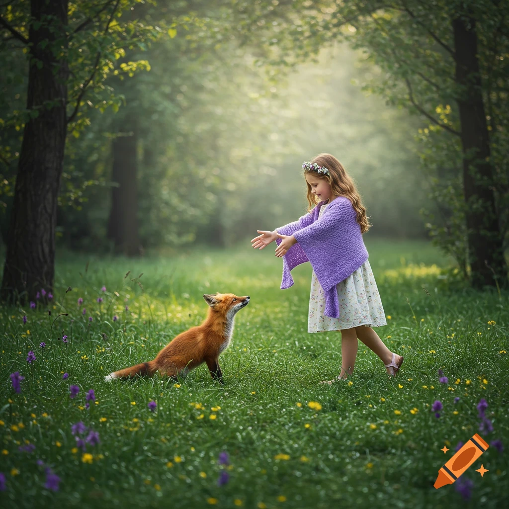 A young girl with a flower crown and purple shawl reaches out to a red fox in a sunlit forest clearing.