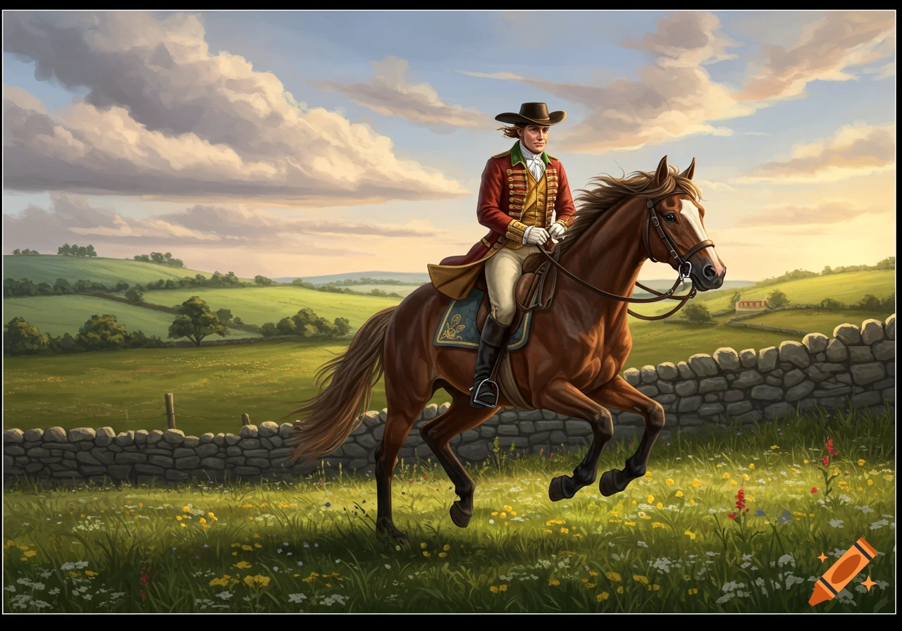 A person in 19th-century attire rides a brown horse through a green field with a stone wall and wildflowers under a cloudy sky, in a painterly style.