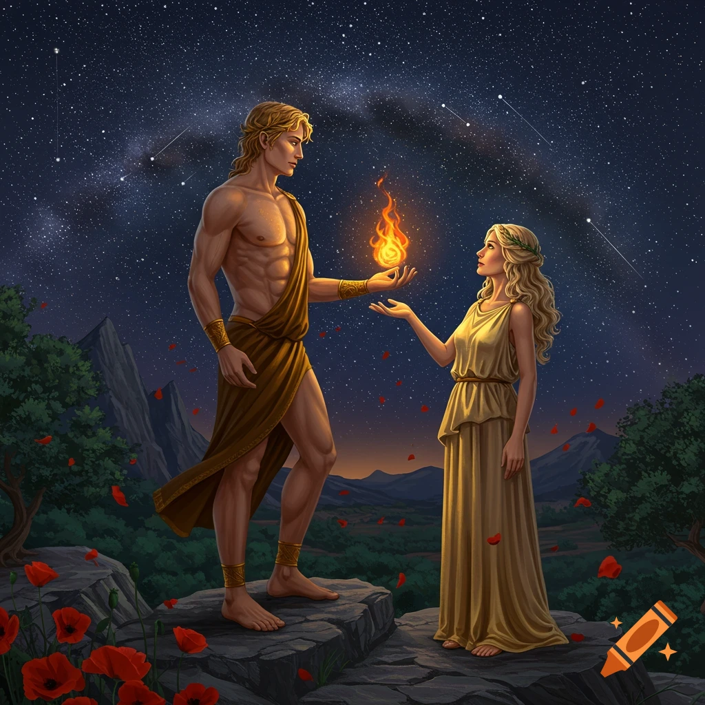 Prometheus, a muscular man in ancient Greek attire, offers a ball of fire to a blond woman in a long dress, under a starry night sky.