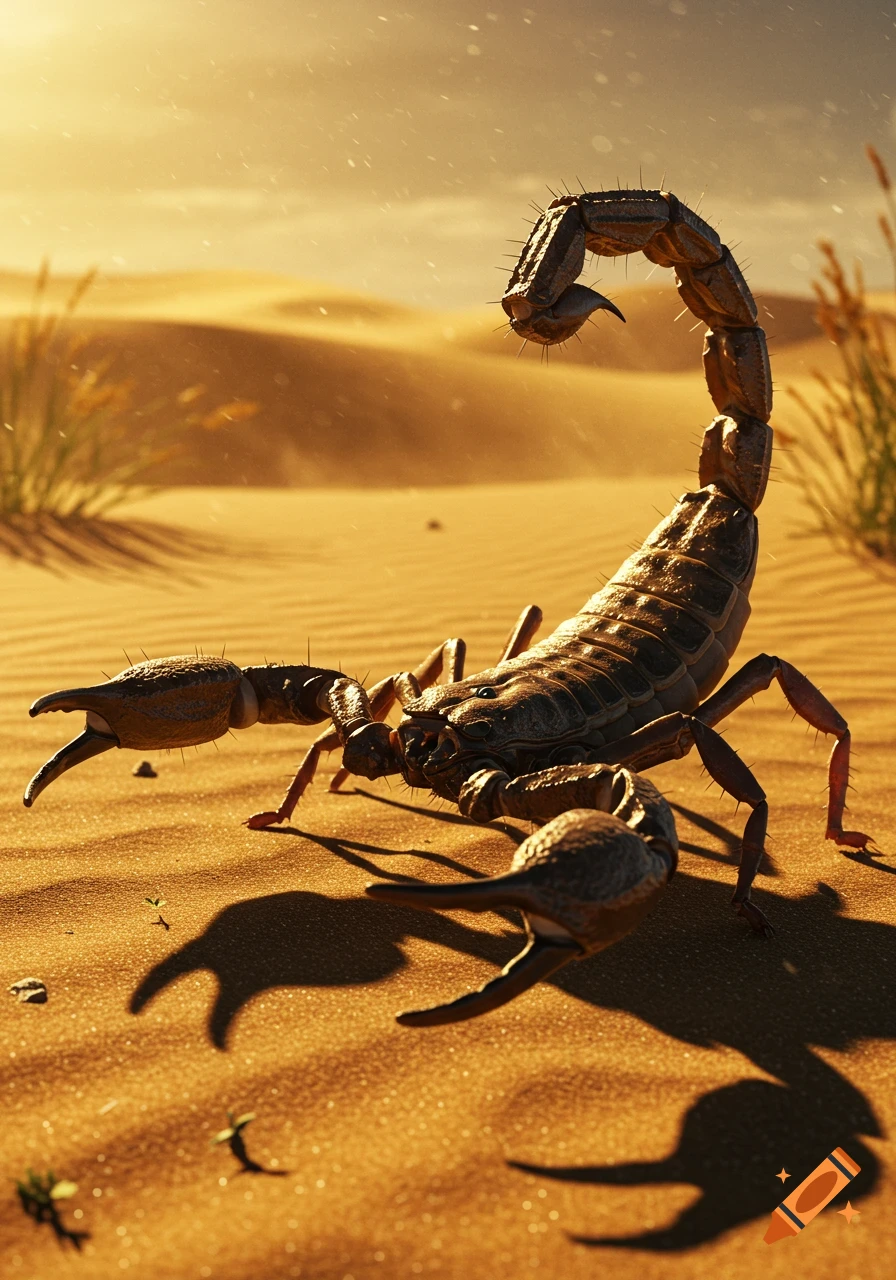 A photorealistic scorpion stands poised with its tail curled over its back on golden sand dunes in a desert under a warm sky.