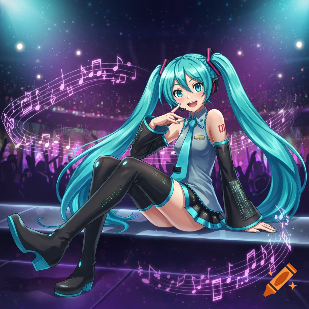 Hatsune Miku, an anime character, sits on a vibrant concert stage with glowing musical notes and a cheering crowd.