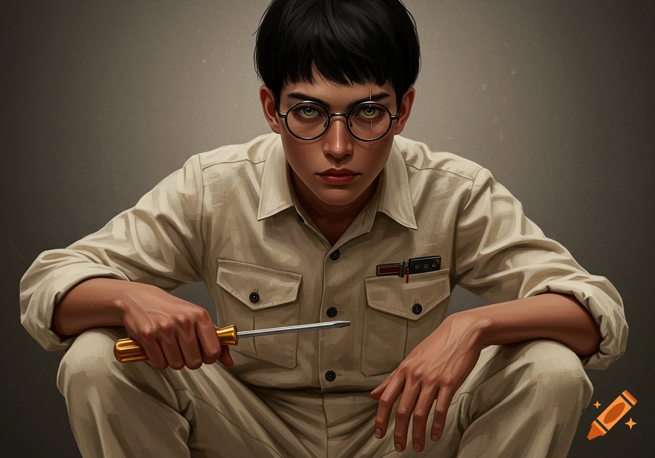 A serious young man with black hair, green eyes, glasses, and a scar crouches, holding a screwdriver. Digital illustration.