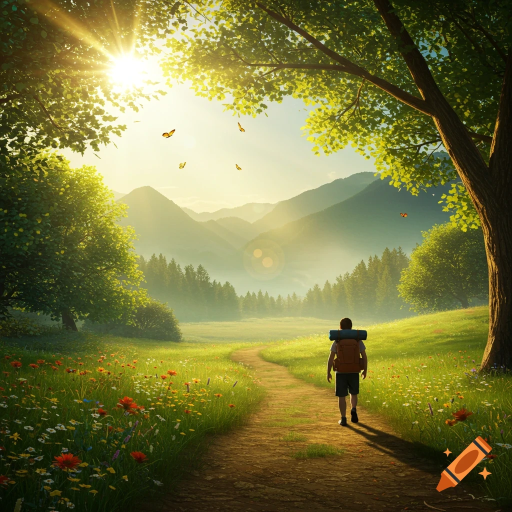 A person with a backpack walks on a winding dirt path through a sunny, flower-filled meadow towards distant mountains.