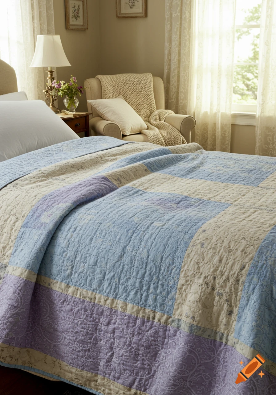 A cozy bedroom with a blue and purple patterned quilt on a bed, a lamp on a nightstand, and an armchair by a window.