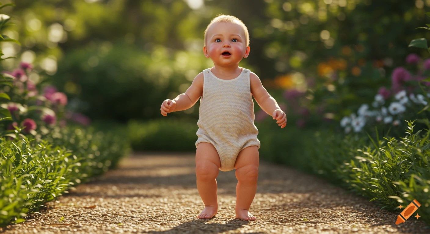 A photorealistic baby stands on a gravel path in a sunny garden, surrounded by green foliage and colorful flowers, appearing to take its first steps.