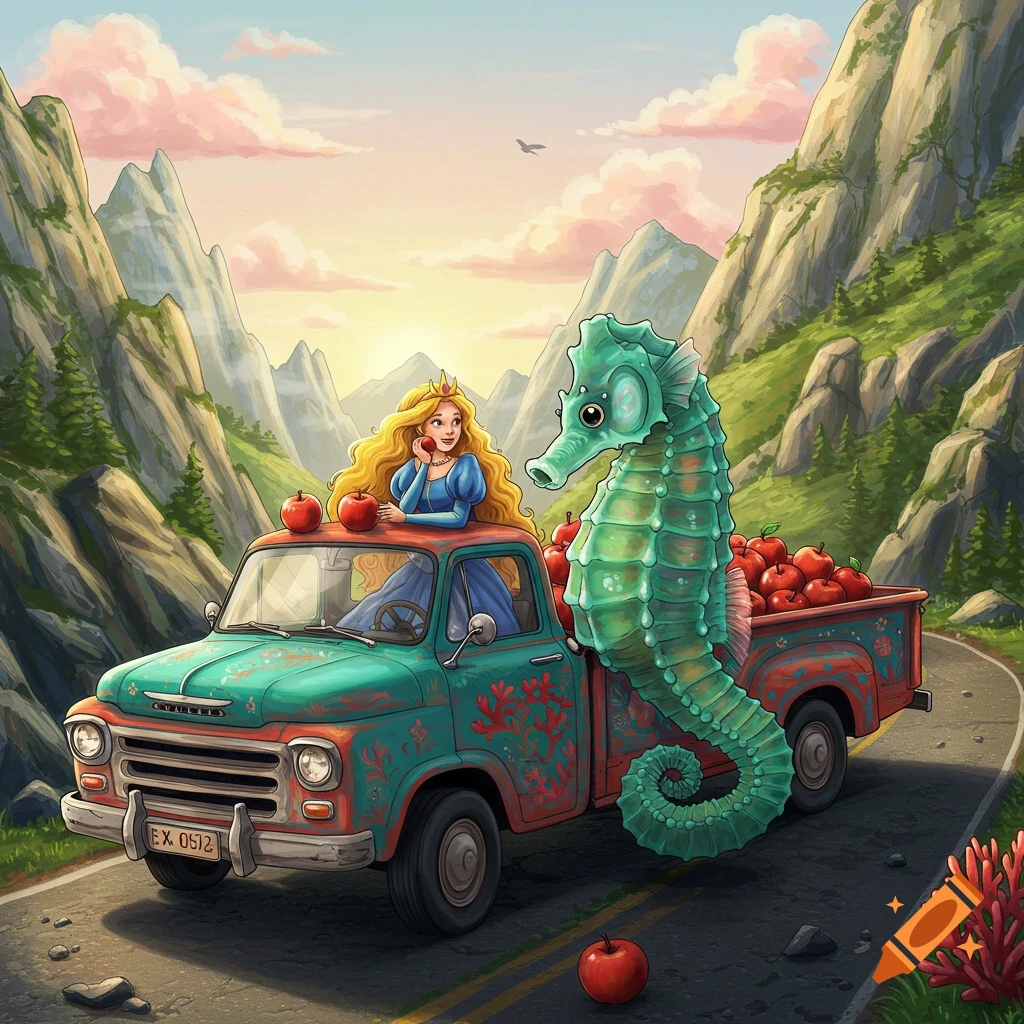 A whimsical cartoon shows a princess on a turquoise truck with apples and a giant seahorse, driving through mountains at sunset.
