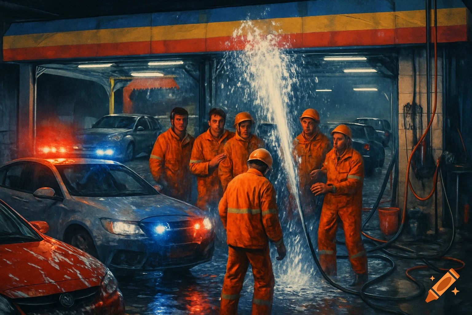 Men in orange uniforms and helmets observe a large water spray at a carwash with cars, one with flashing emergency lights, in a painterly style.
